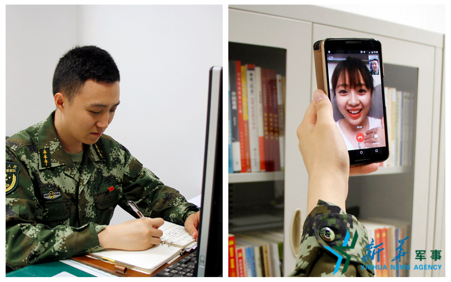 &uarr;陳德正，武警北京總隊七支隊某中隊指導(dǎo)員。七夕前夜堅守在值班崗位上的他，在結(jié)束值班后給妻子打了個視頻電話，通過網(wǎng)絡(luò)表達(dá)著對妻子的愛意。閆星辰 攝
