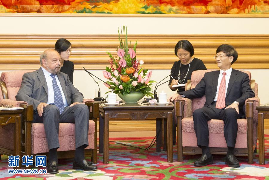 9月5日，中共中央政治局委員、中央政法委書記孟建柱在北京中南海會見國際法院院長亞伯拉罕。 新華社記者 黃敬文 攝 