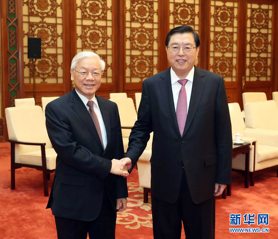 1月13日，中共中央政治局常委、全國人大常委會委員長張德江在北京人民大會堂會見越共中央總書記阮富仲。 新華社記者 劉衛(wèi)兵 攝