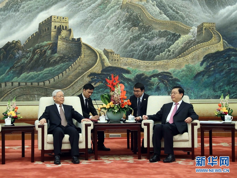 1月13日，中共中央政治局常委、全國人大常委會委員長張德江在北京人民大會堂會見越共中央總書記阮富仲。 新華社記者 劉衛(wèi)兵 攝