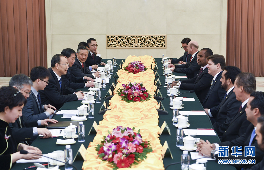 3月22日，中共中央書(shū)記處書(shū)記、全國(guó)政協(xié)副主席杜青林在北京會(huì)見(jiàn)巴西民主運(yùn)動(dòng)黨眾議院黨團(tuán)領(lǐng)袖羅西率領(lǐng)的該黨干部考察團(tuán)。 新華社記者張領(lǐng)攝