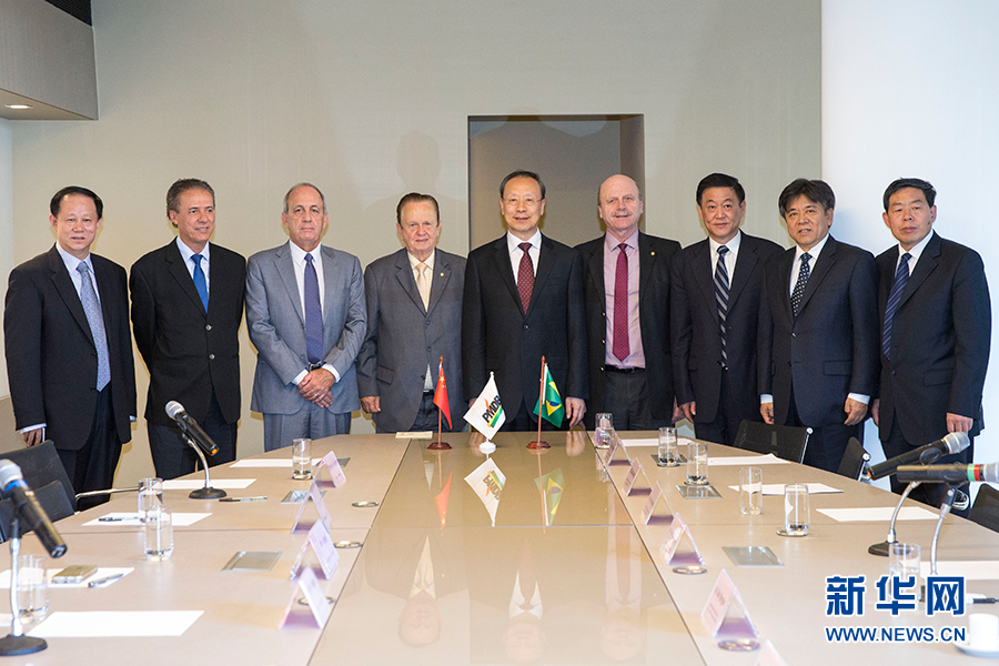 7月11日，在巴西首都巴西利亞，中共中央書(shū)記處書(shū)記、全國(guó)政協(xié)副主席杜青林（中）會(huì)見(jiàn)巴西民主運(yùn)動(dòng)黨總書(shū)記毛羅&middot;洛佩斯（左四）。新華社記者李明攝