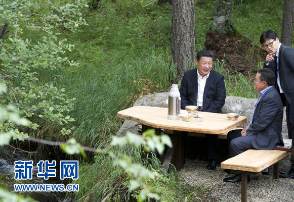 8月22日，國(guó)家主席習(xí)近平同蒙古國(guó)總統(tǒng)額勒貝格道爾吉在烏蘭巴托市郊的總統(tǒng)官邸再次會(huì)晤。這是習(xí)近平同額勒貝格道爾吉會(huì)晤后在溪畔飲茶。新華社記者 黃敬文 攝