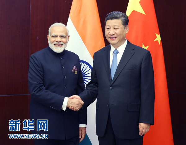 6月9日，國家主席習(xí)近平在阿斯塔納會見印度總理莫迪。 新華社記者姚大偉 攝